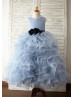 Blue Satin Organza Ruffled Flower Girl Dress With Flower Sash